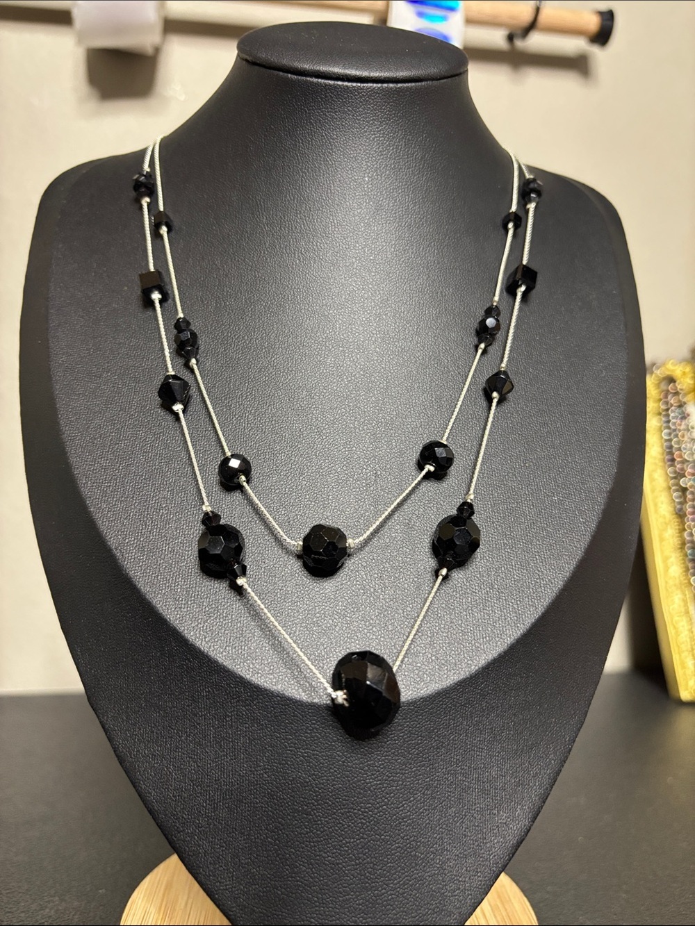 White House Black Market Layered Black Glass Silver Tone Bead Necklace